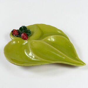 Vintage Strawberry Leaf Serving Dish Green Ceramic Strawberry Tray